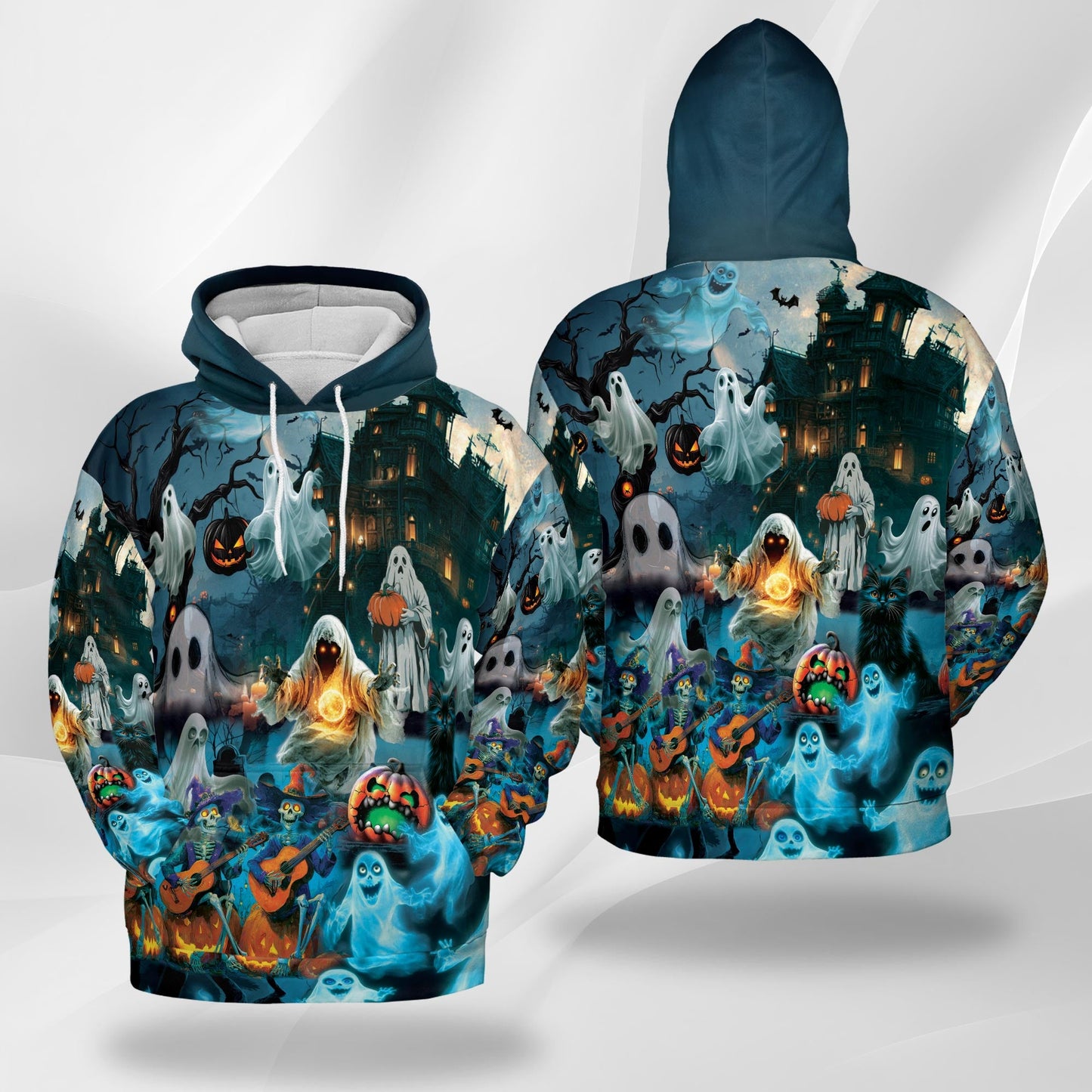 Halloween Ghost All Over Print Hoodie, Graphic Design Ghost Skeleton and Pumpkin