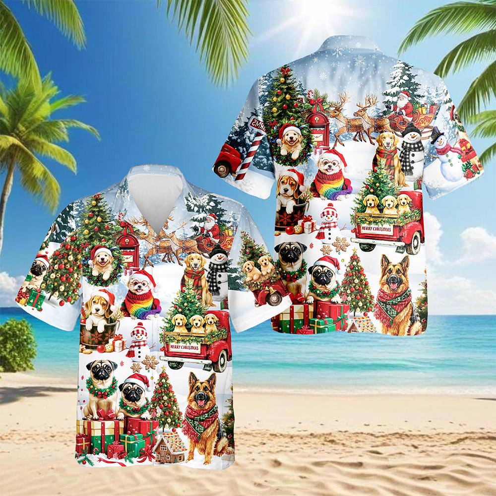 Christmas Dogs Hawaiian Shirt for Men, Button Down Aloha Shirt - Azhawaiian