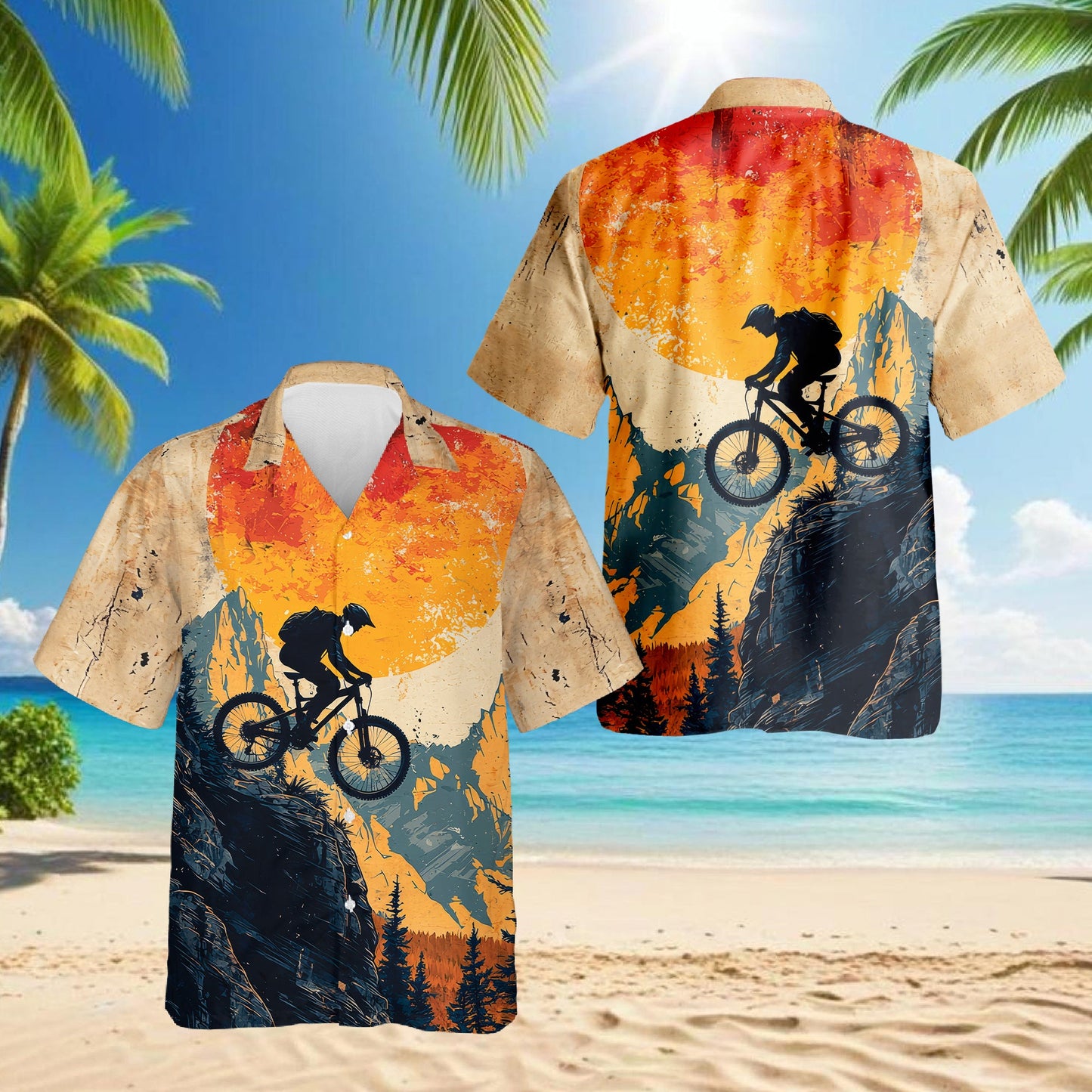 Vintage Mountain Biking Hawaiian Shirt for Men, Button Down Aloha Shirt - Azhawaiian