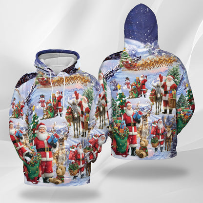 Santa Claus Snowy Christmas Village All Over Print Hoodie, Holiday Graphic Design