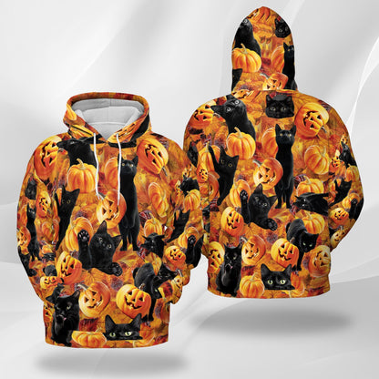 Black Cat and Pumpkin All Over Print Hoodie, Graphic Design Funny Halloween