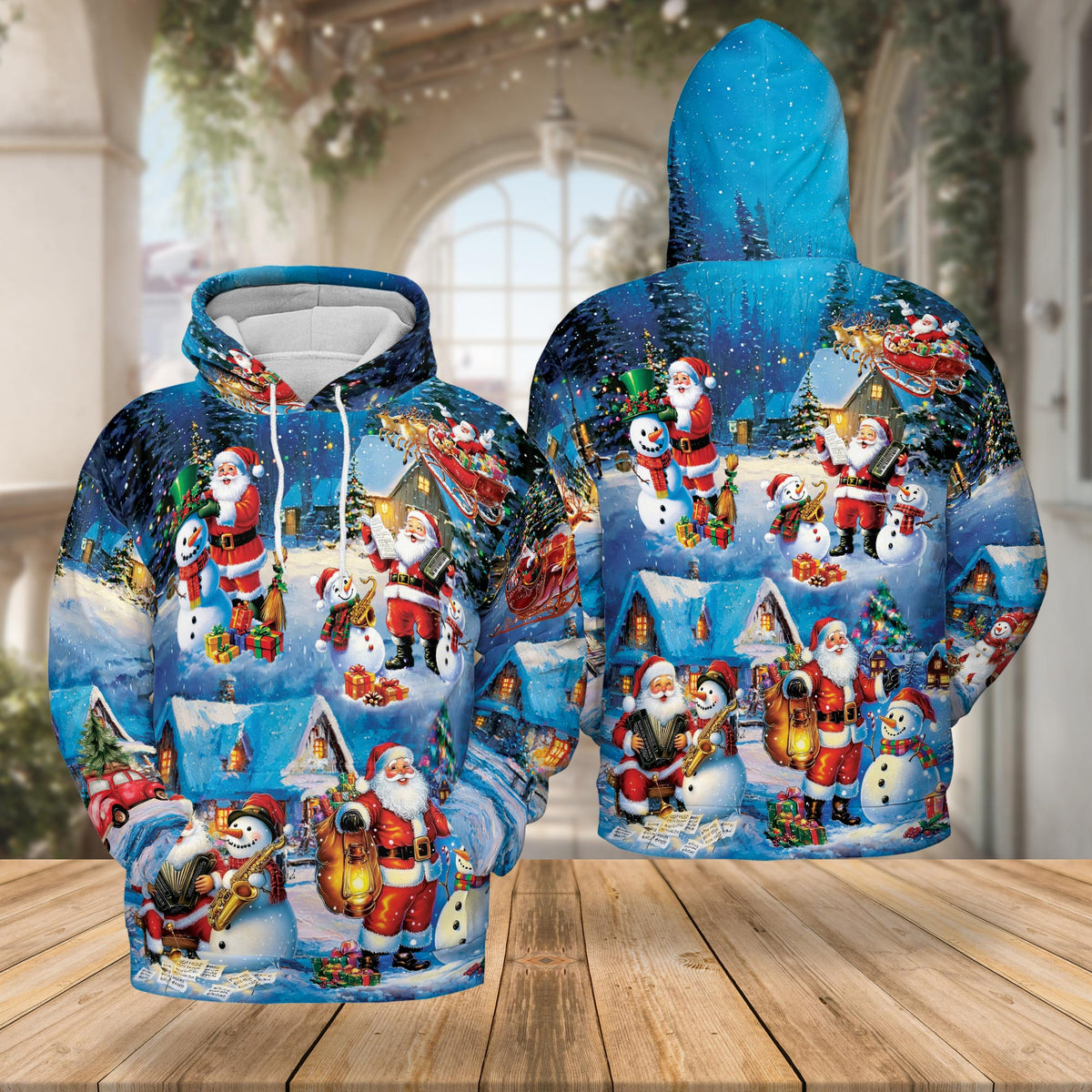 Santa and Snowman All Over Print Hoodie, Musical Christmas Graphic Design