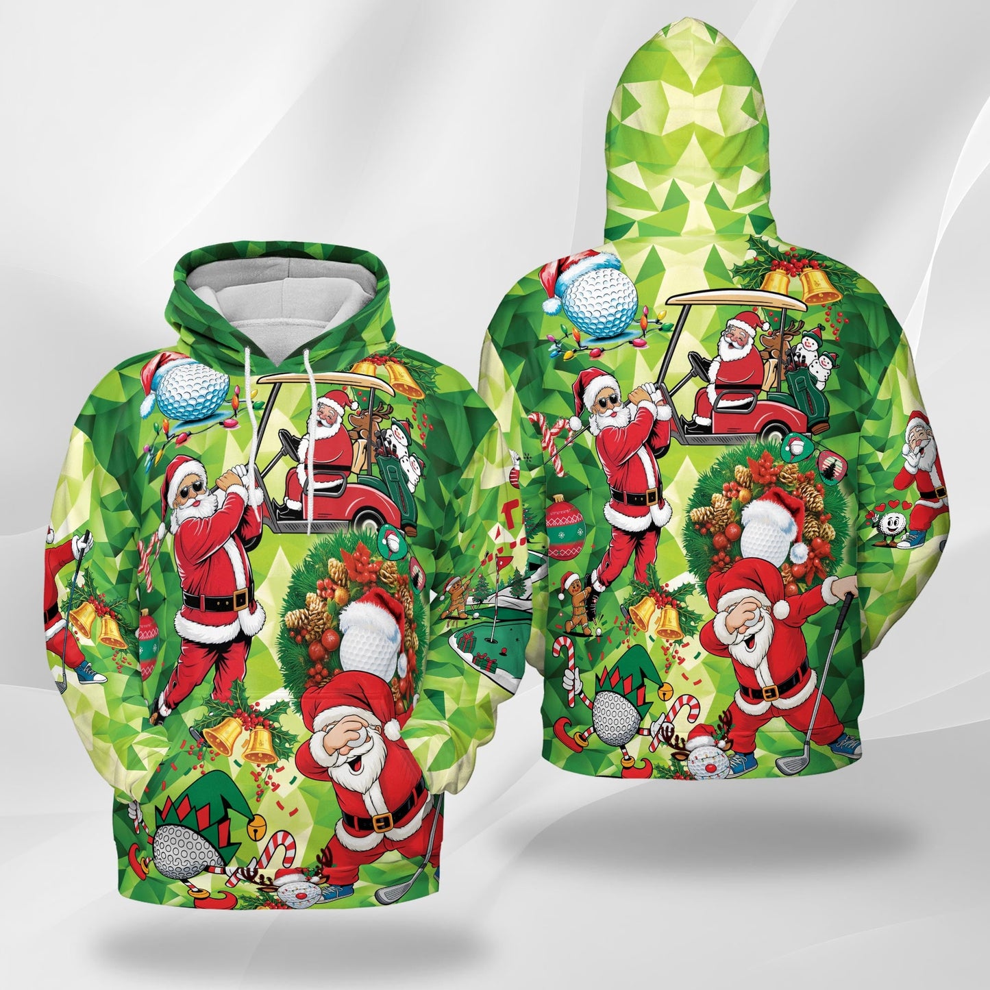 Santa Claus Christmas All Over Print Hoodie, Golfer Holiday Graphic Design