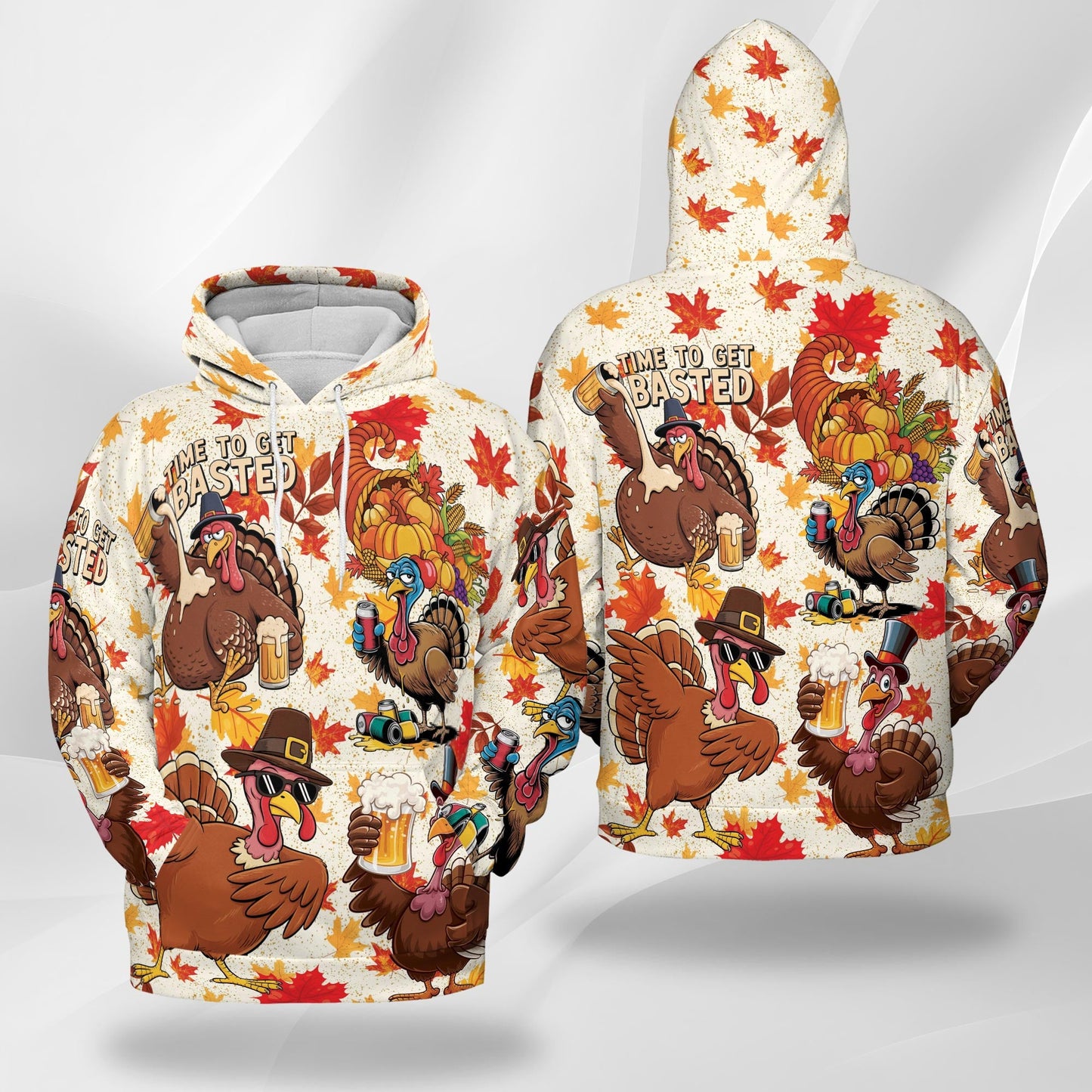Turkey Day Thanksgiving All Over Print Hoodie, Turkey Drink Beer Graphic Design