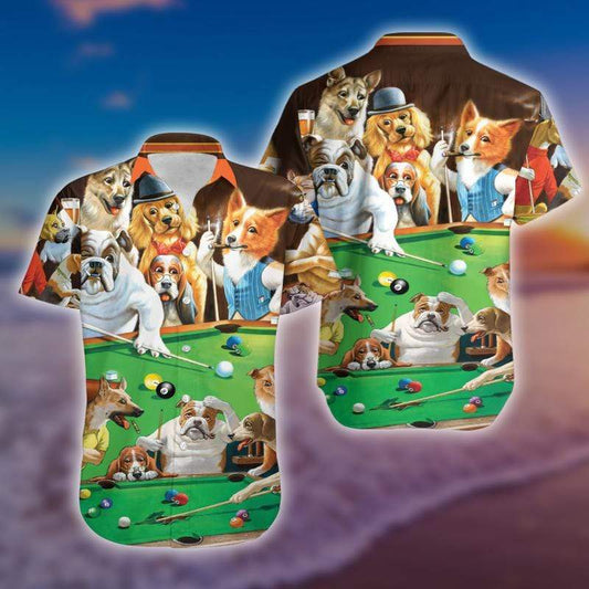 Funny Dog Playing Pool Hawaiian Aloha Shirts