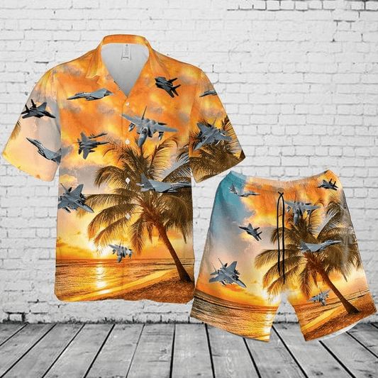 Hawaiian Aloha Shirts - Beach Shorts U.S Air Force Mcdonnell Douglas F-15 Eagle On Beach