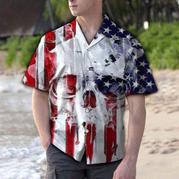 Retro Skull USA Flag Pattern Hawaiian Aloha Shirts #V