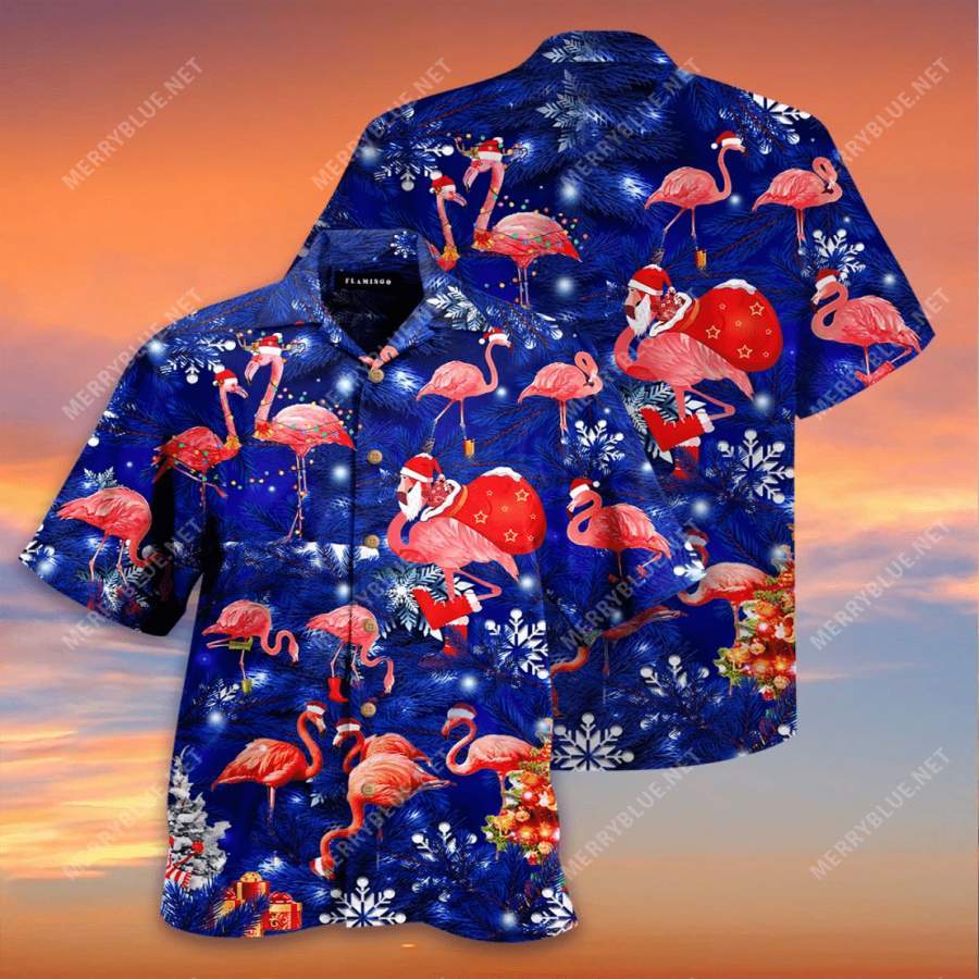 Flamingo Christmas ?Blue Sky Hawaiian Aloha Shirts #H