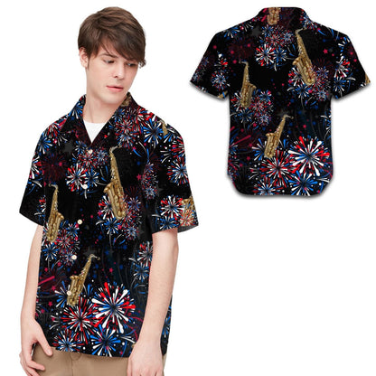 Saxophone American Independence Day 4th Of July Fireworks Men Hawaiian Shirt, Summer Shirt, Beach Shirts