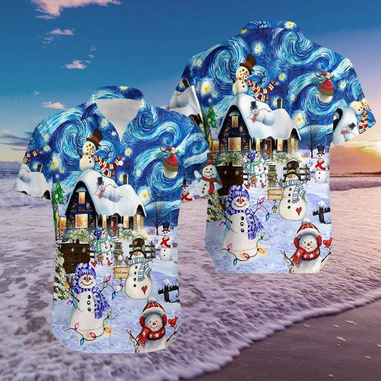 Hawaiian Aloha Shirts Snowman In Christmas Night #1311L