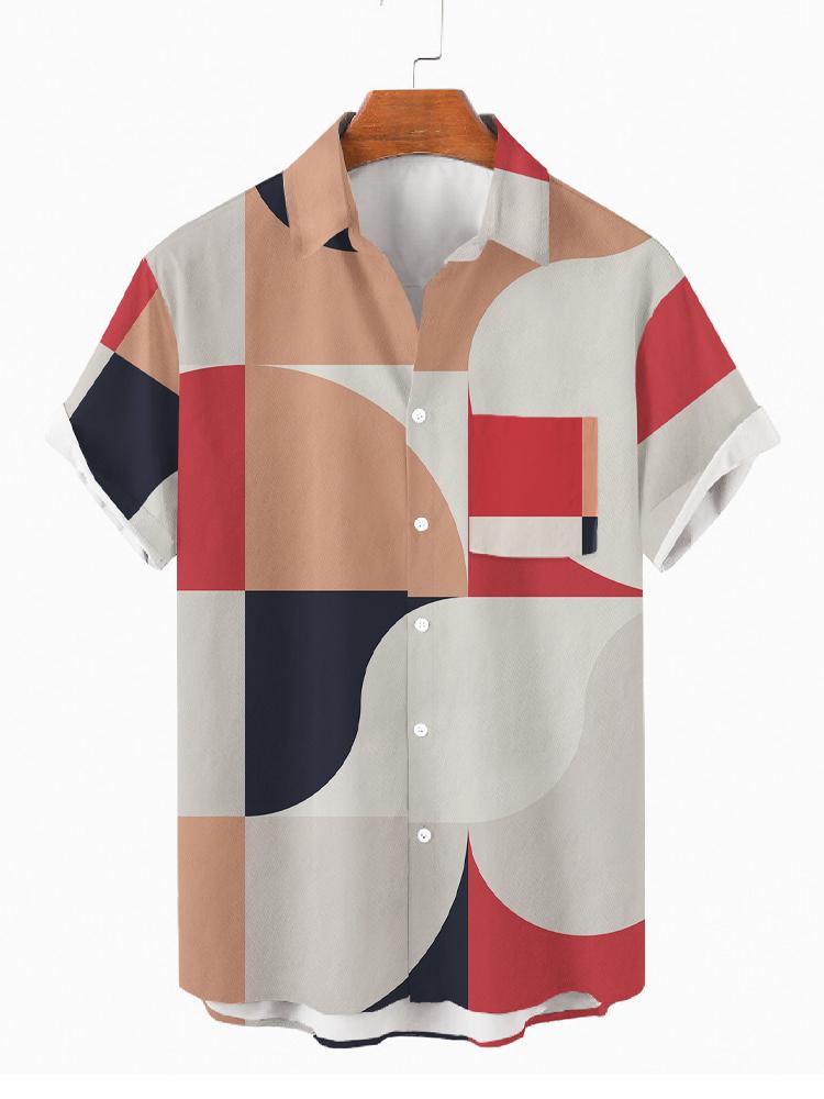 Colorful Oval Pattern Patchwork Turndown Collar Button Down Mens Short Sleeve Shirt Hawaiian