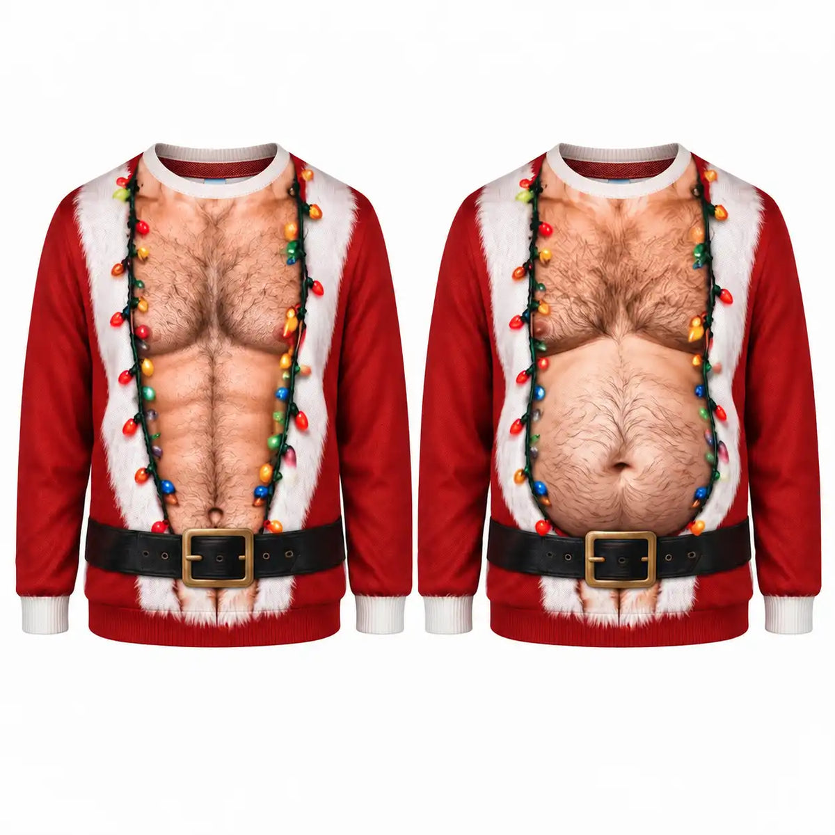 Hairy Chest Santa Sweatshirt – Funny Christmas Lights Santa Costume 3D All Over Print Design