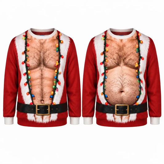 Hairy Chest Santa Sweatshirt – Funny Christmas Lights Santa Costume 3D All Over Print Design