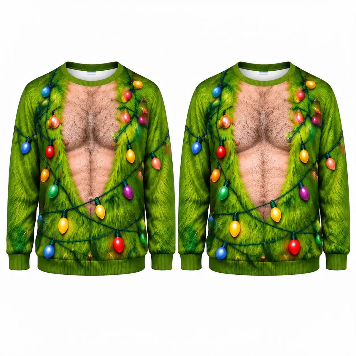 Hairy Chest Christmas Lights Sweatshirt – Funny Green Holiday Graphic 3D All Over Print Design