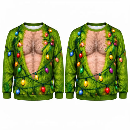 Hairy Chest Christmas Lights Sweatshirt – Funny Green Holiday Graphic 3D All Over Print Design
