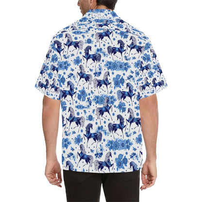 Horse Flower Blue Theme Pattern Mens All Over Print Hawaiian Shirt