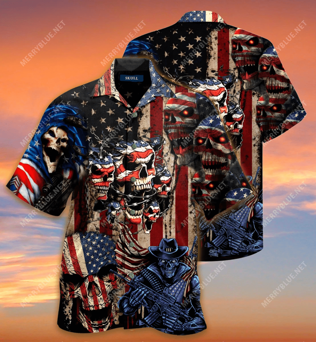 Skull American Flag cowboy Hawaiian Aloha Shirts #V