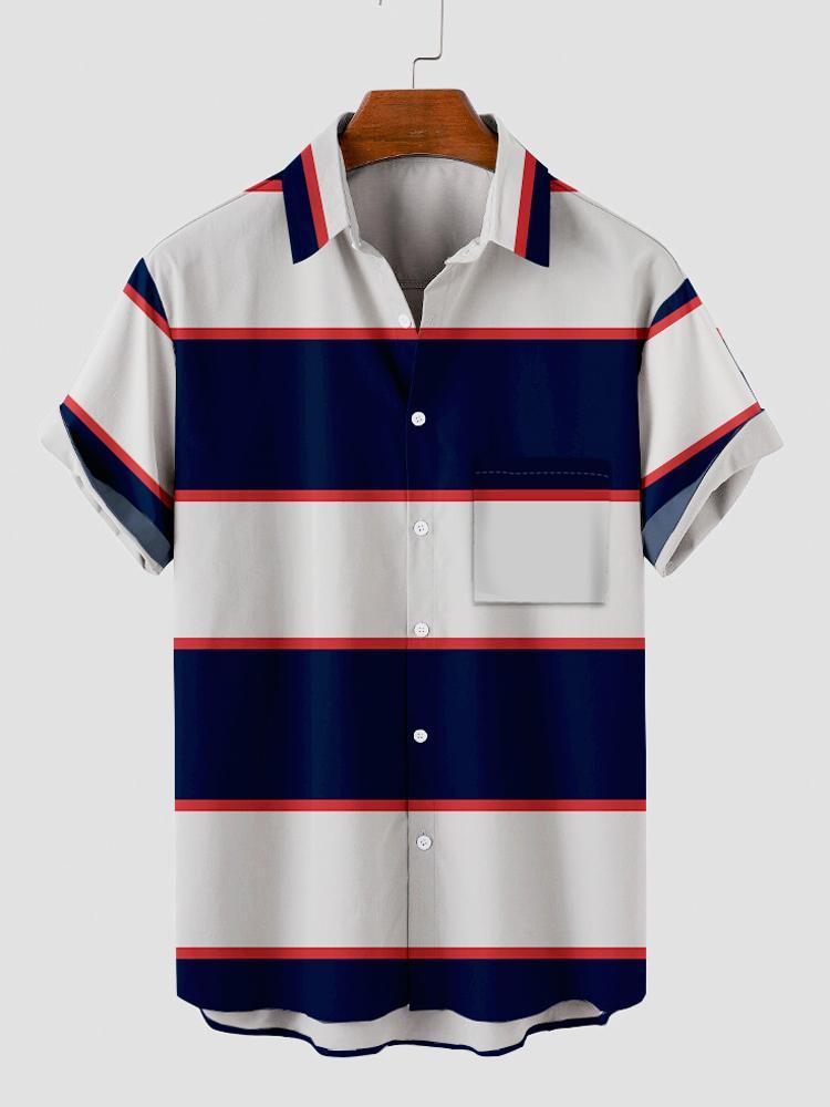 Blue Wide Horizontal Stripe Turndown Collar Button Down Mens Short Sleeve Shirt Hawaiian