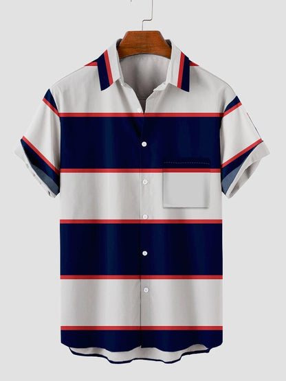 Blue Wide Horizontal Stripe Turndown Collar Button Down Mens Short Sleeve Shirt Hawaiian