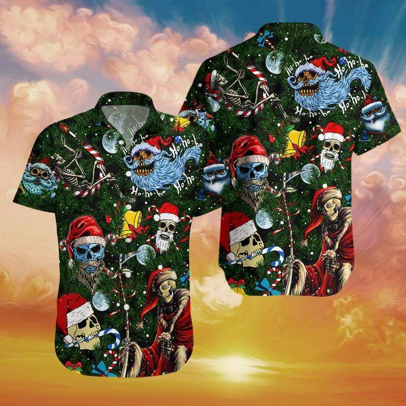 Christmas Ho Ho Ho Santa Skull Green Hawaiian Aloha Shirts 