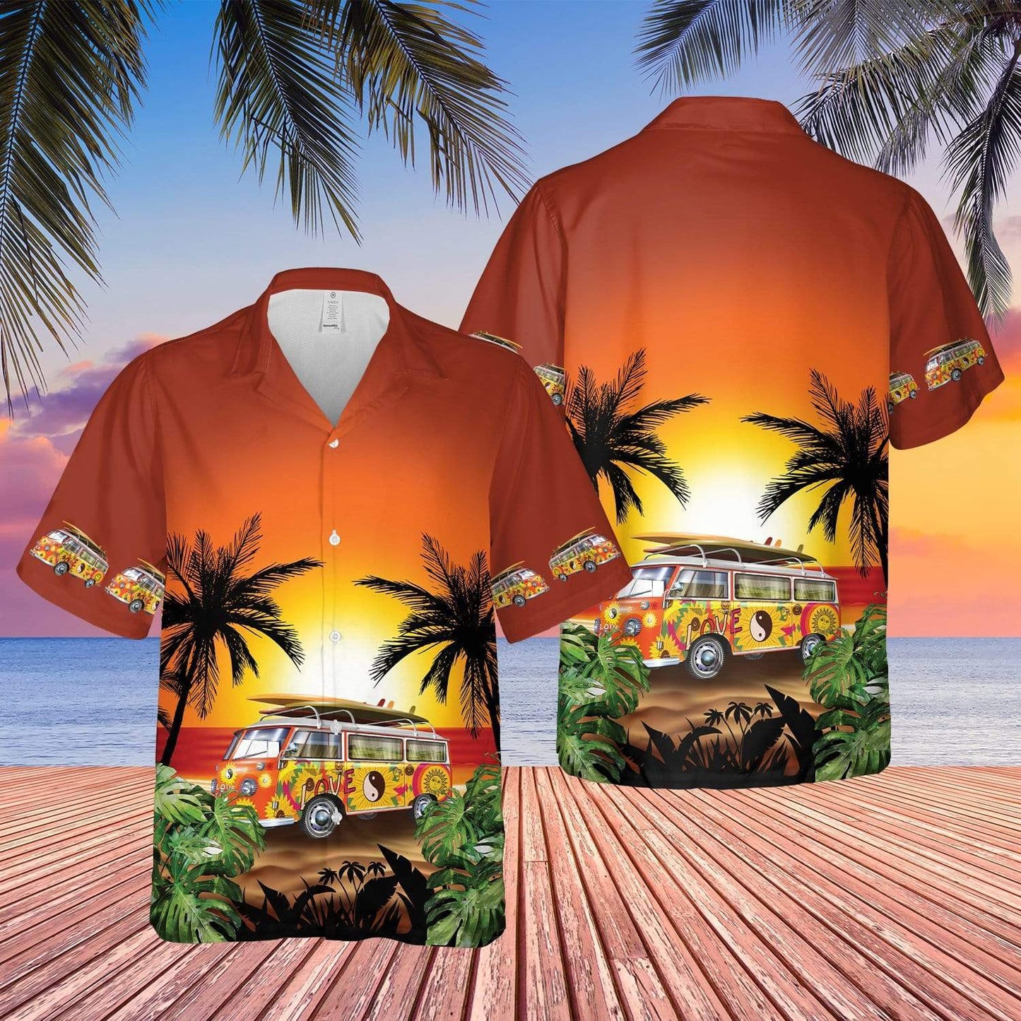 Hippie Camping Van On The Sunset Beach Unisex Hawaiian Shirts