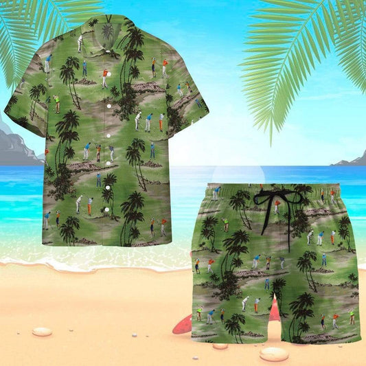 Vintage Golf Players Tropical Hawaiian Shirts Swim Trunks Beach Shorts #Vi