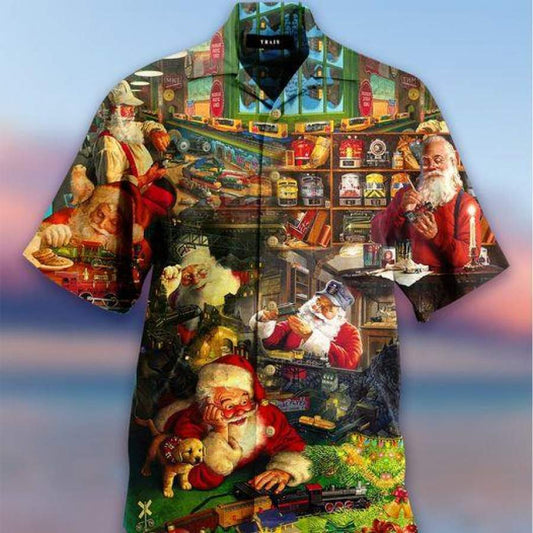 Santa Claus Playing Toy Train Merry Christmas Hawaiian Shirts