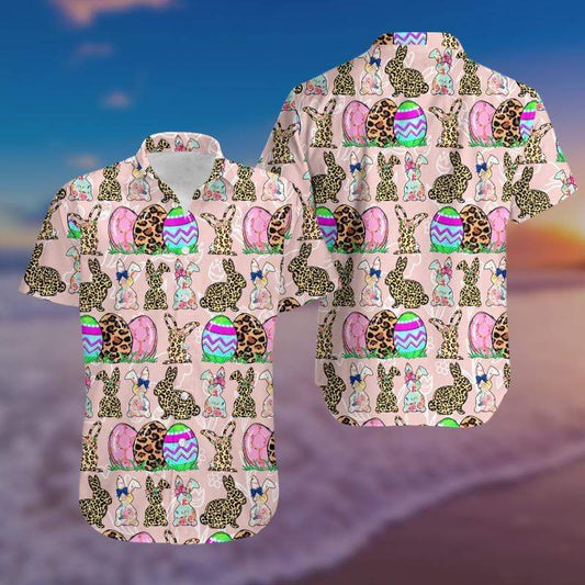 Bunny Leopard &amp;amp; eggs pink happy Easter day Hawaiian Aloha Shirts  #V