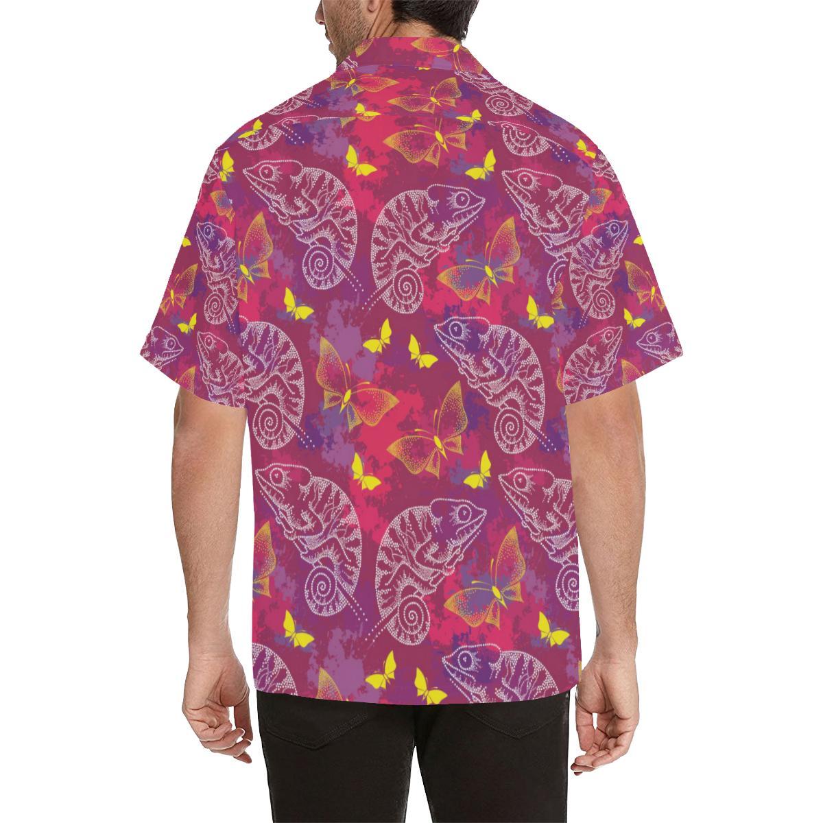 Pink Chameleon Lizard Butterfly Pattern Mens All Over Print Hawaiian Shirt