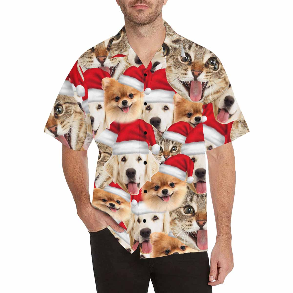 Custom Face Pet Christmas Hat Seamless Men's All Over Print Hawaiian Shirt