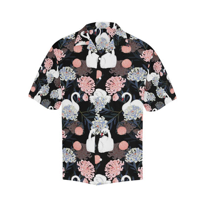 White Swan Blooming Flower Pattern Mens All Over Print Hawaiian Shirt