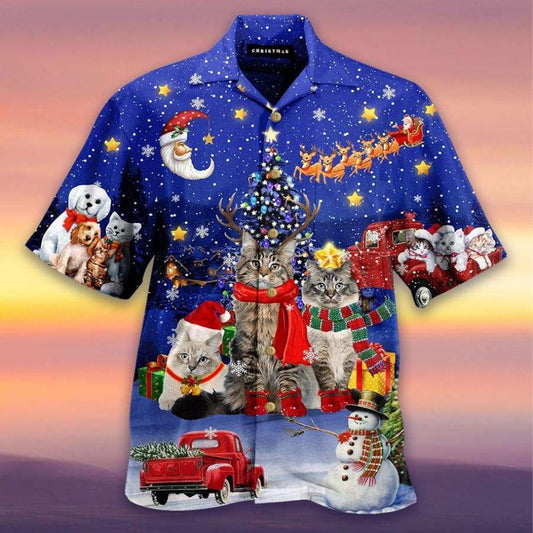 Cat Under Beautiful Christmas Sky Hawaiian Shirts