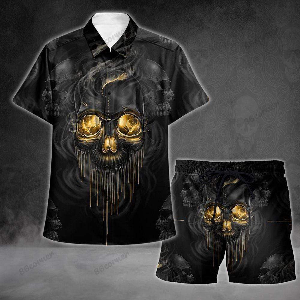 Golden Skull Gothic Grim Reaper Summer Hawaiian Shirts Swim Trunks Beach Shorts #V