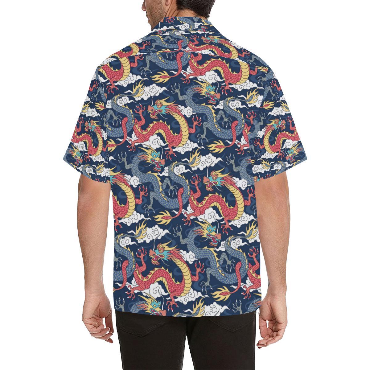Blue Red Dragon Cloud Pattern Mens All Over Print Hawaiian Shirt