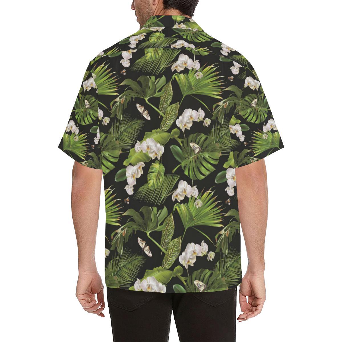 White Orchid Flower Tropical Leaves Pattern Blackg Mens All Over Print Hawaiian Shirt