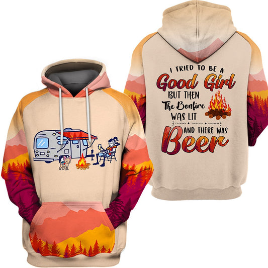 Graphic Tees 3D campfire shirts funny sayings I tried to be a good girl but then the bonfires was lit and there was beer- NQS15 Hoodie