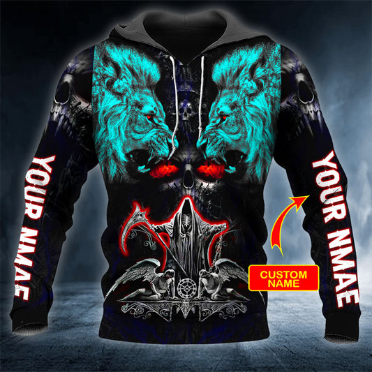 Lion Combat Grim Reaper Skull Personalized 3D All Over Printed Unisex Hoodie US Size