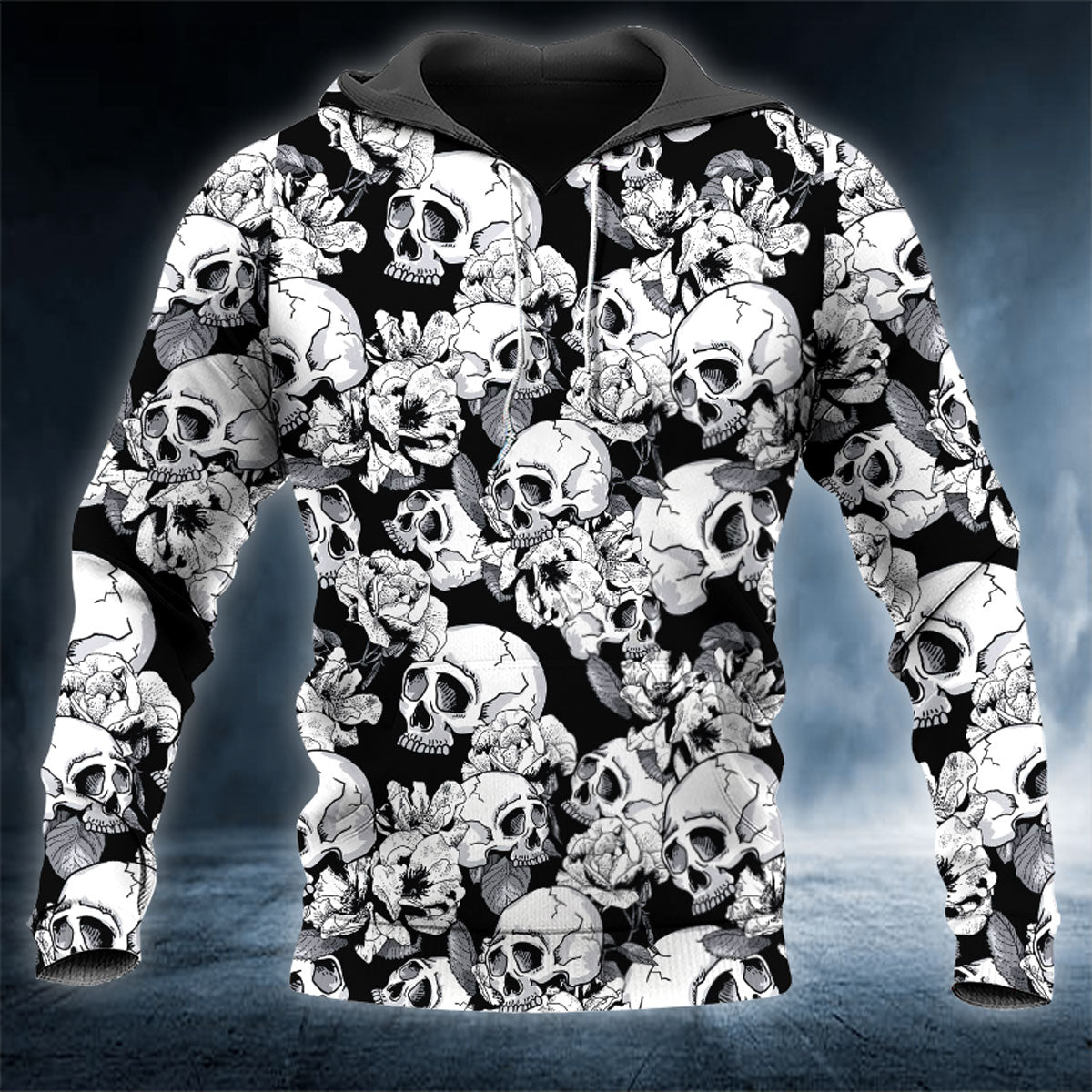 Black White Flower Skull 3D All Over Printed Unisex Hoodie US Size