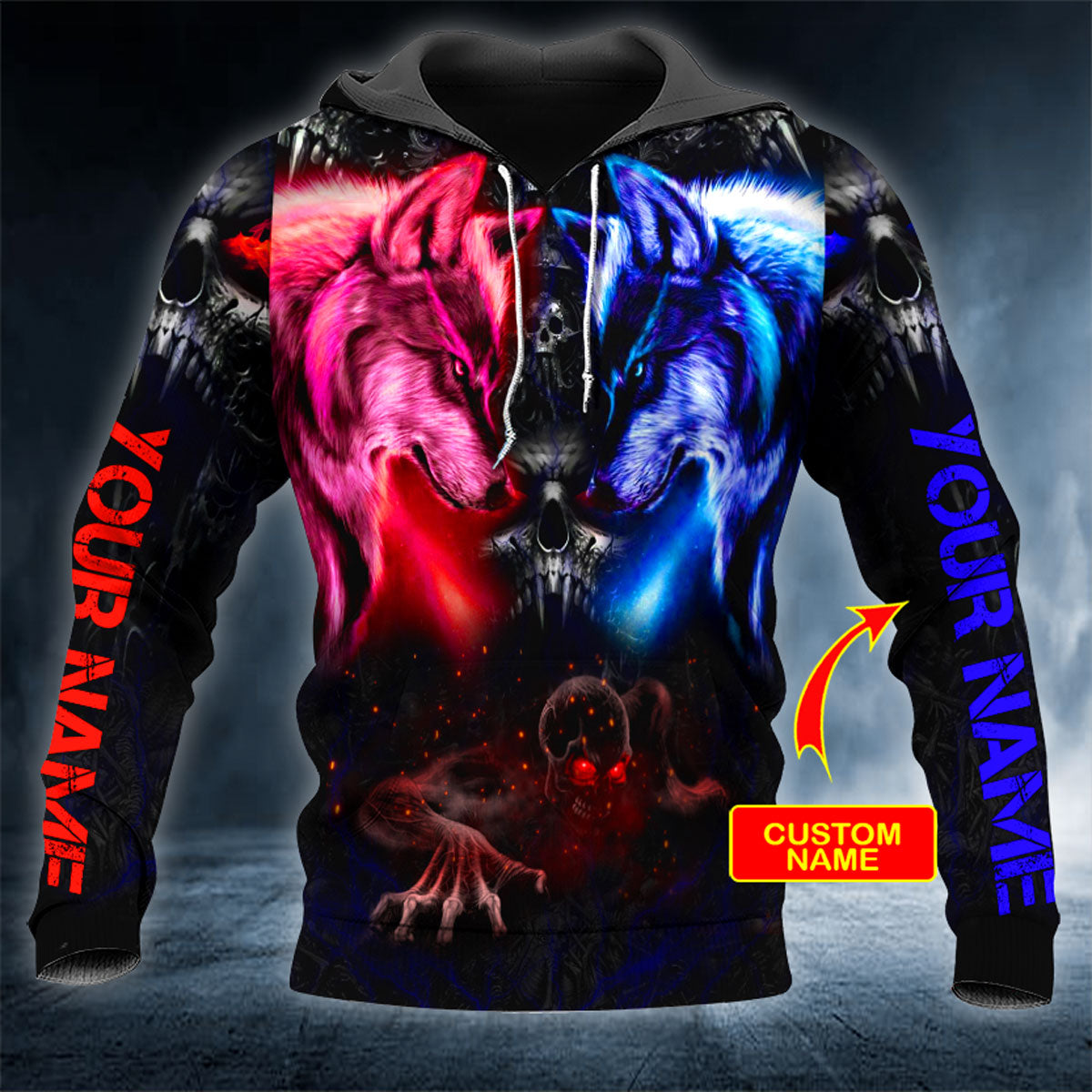 Pink Blue Wolves Fighting Ghost Skull Personalized 3D All Over Printed Unisex Hoodie US Size