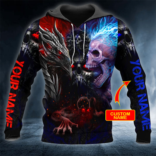 Combat Fire Dragon vs Lightning Ghost Skull 3D All Over Printed Unisex Hoodie US Size