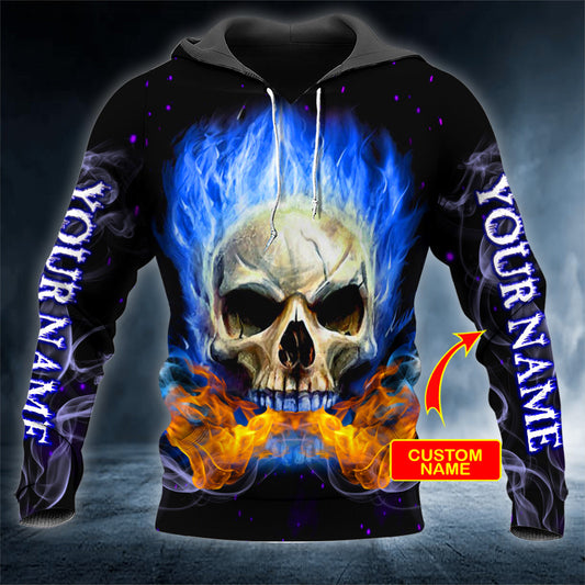 Ghost Blue Flame Fire Skull Personalized 3D All Over Printed Unisex Hoodie US Size