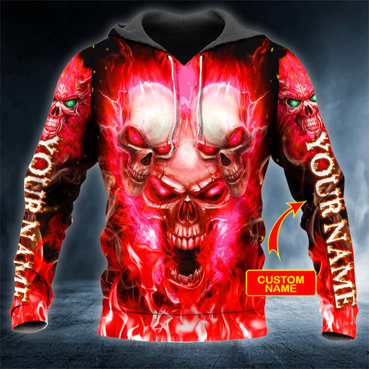 Three Red Fire Skull Personalized 3D All Over Printed Unisex Hoodie US Size