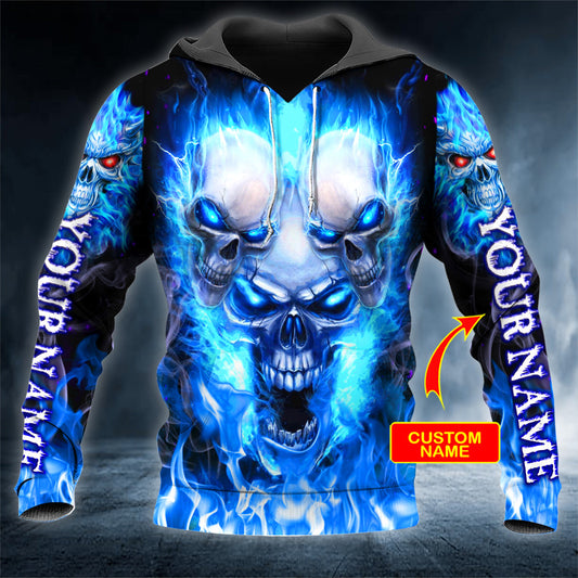 Three Blue Fire Skull Personalized 3D All Over Printed Unisex Hoodie US Size