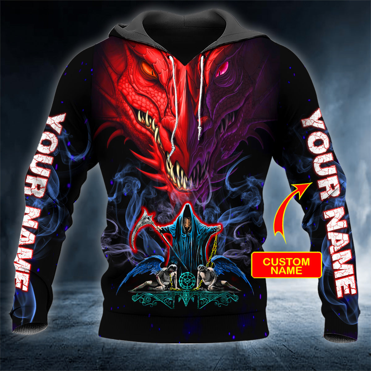 Head Of Angry Red Dragon Grim Reaper Skull Personalized 3D All Over Printed Unisex Hoodie US Size