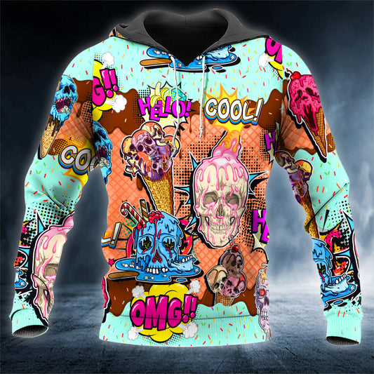 Hello Summer Ice Cream Melting Skull 3D All Over Printed Unisex Hoodie US Size