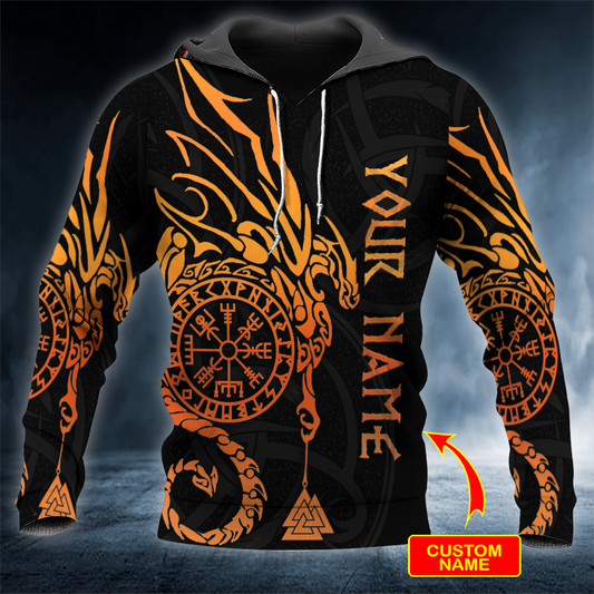 Dragon Compass Vegvisir Rune Nordic Symbol Celtic Viking Golden Tattoo Personalized 3D All Over Printed Unisex Hoodie US Size