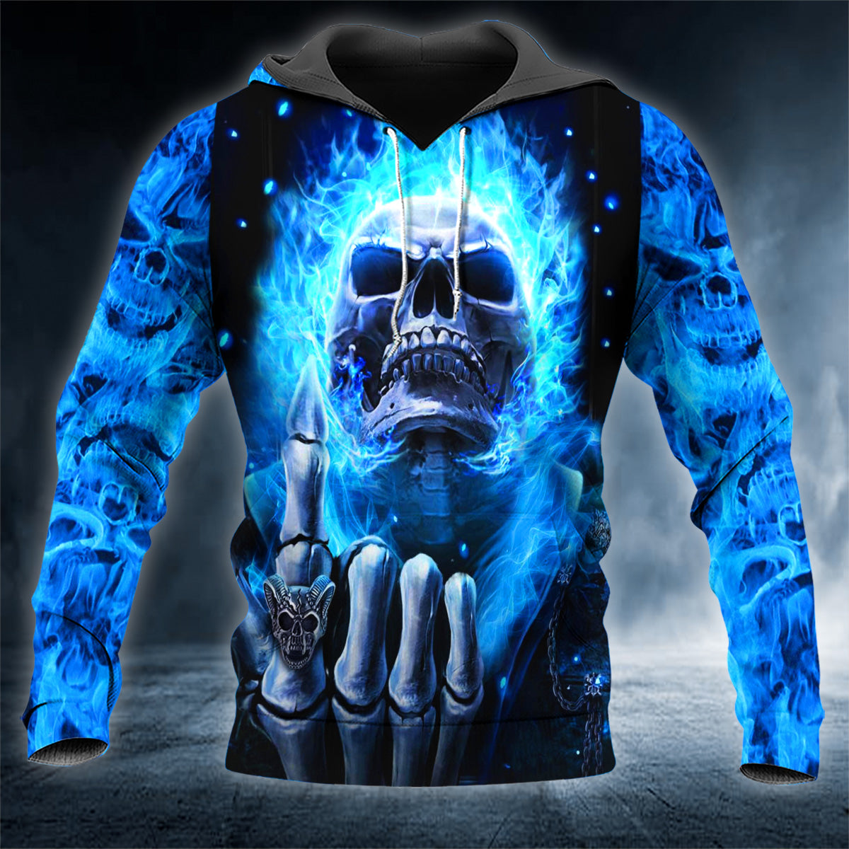 Attention Finger Blue Flaming Skull 3D All Over Printed Unisex Hoodie US Size