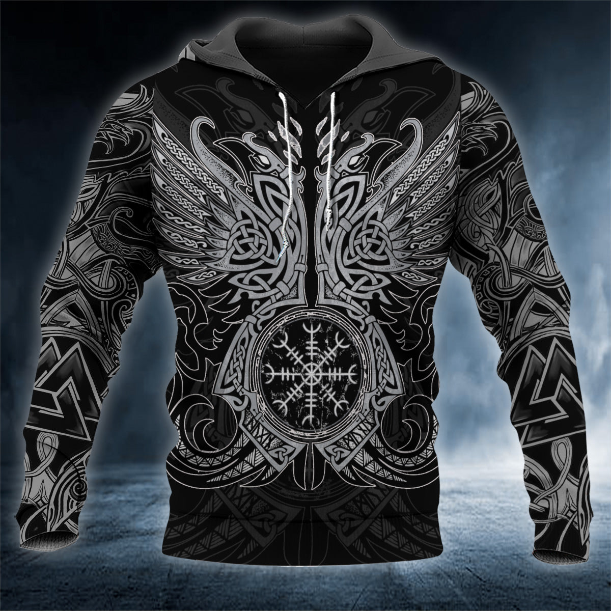 Gray Raven Twins Viking Tattoo 3D All Over Printed Unisex Hoodie US Size