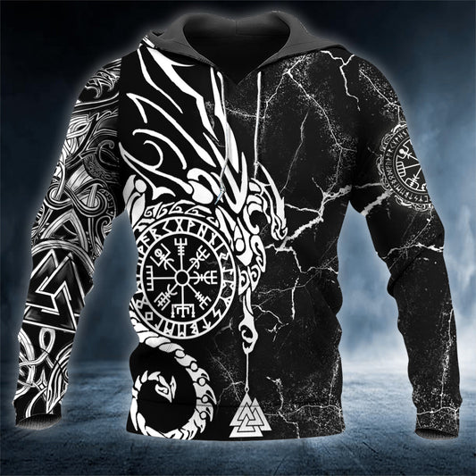 Dragon Compass Vegvisir Rune Nordic Symbol Celtic Viking White Tattoo 3D All Over Printed Unisex Hoodie US Size