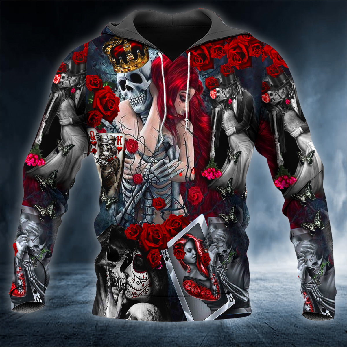 Dark Roses Goth Lovers And Sugar Skull 3D All Over Printed Unisex Hoodie US Size